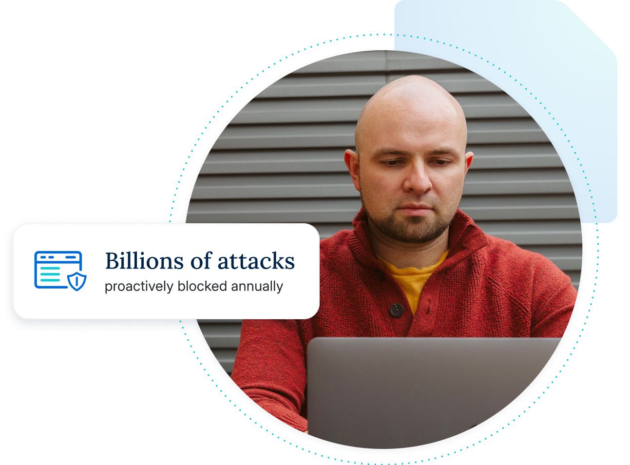 Bald man in a red sweater looking seriously at a laptop with a "Billions of attacks blocked annually" over the image.