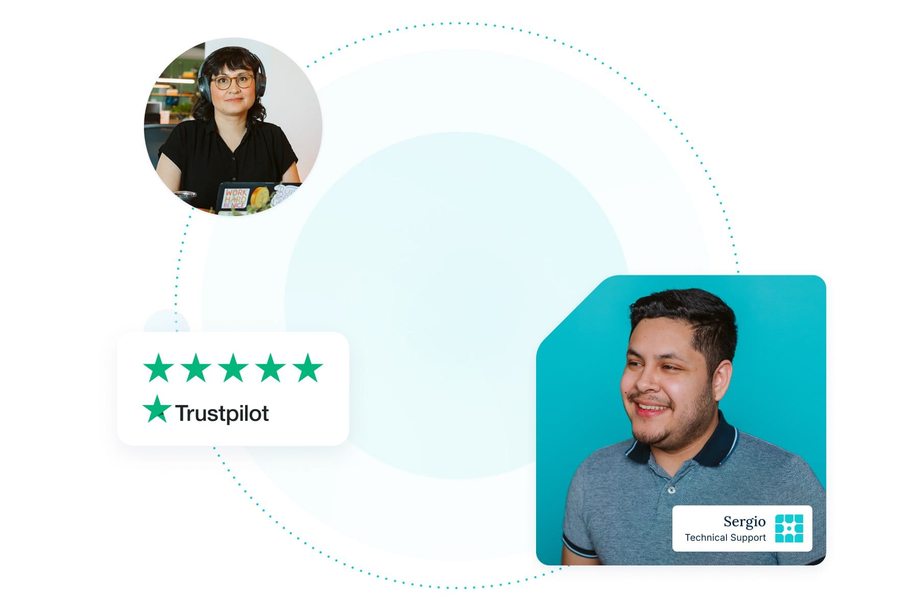 Graphic of WP Engine Support agent paired with a customer and TrustPilot Reviews