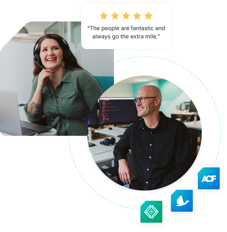 Photo of a WP Engine support representative with a 5-star customer review stating "The people are fantastic and always go the extra mile.” and a photo of a man standing in front of a desktop with screen showing code and WP Engine tool logos surrounding him