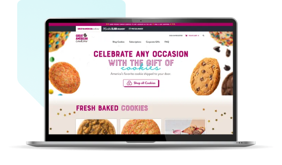 Screenshot of Great American Cookies homepage displayed in a laptop