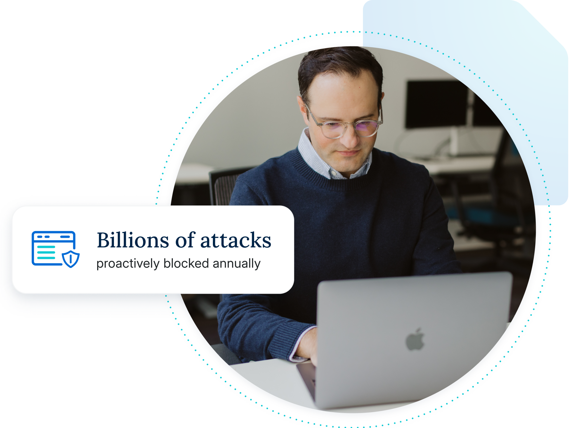 A WP Engine customer looking at his laptop with a graphic saying "Billions of attacks proactively blocked annually" overlapping.