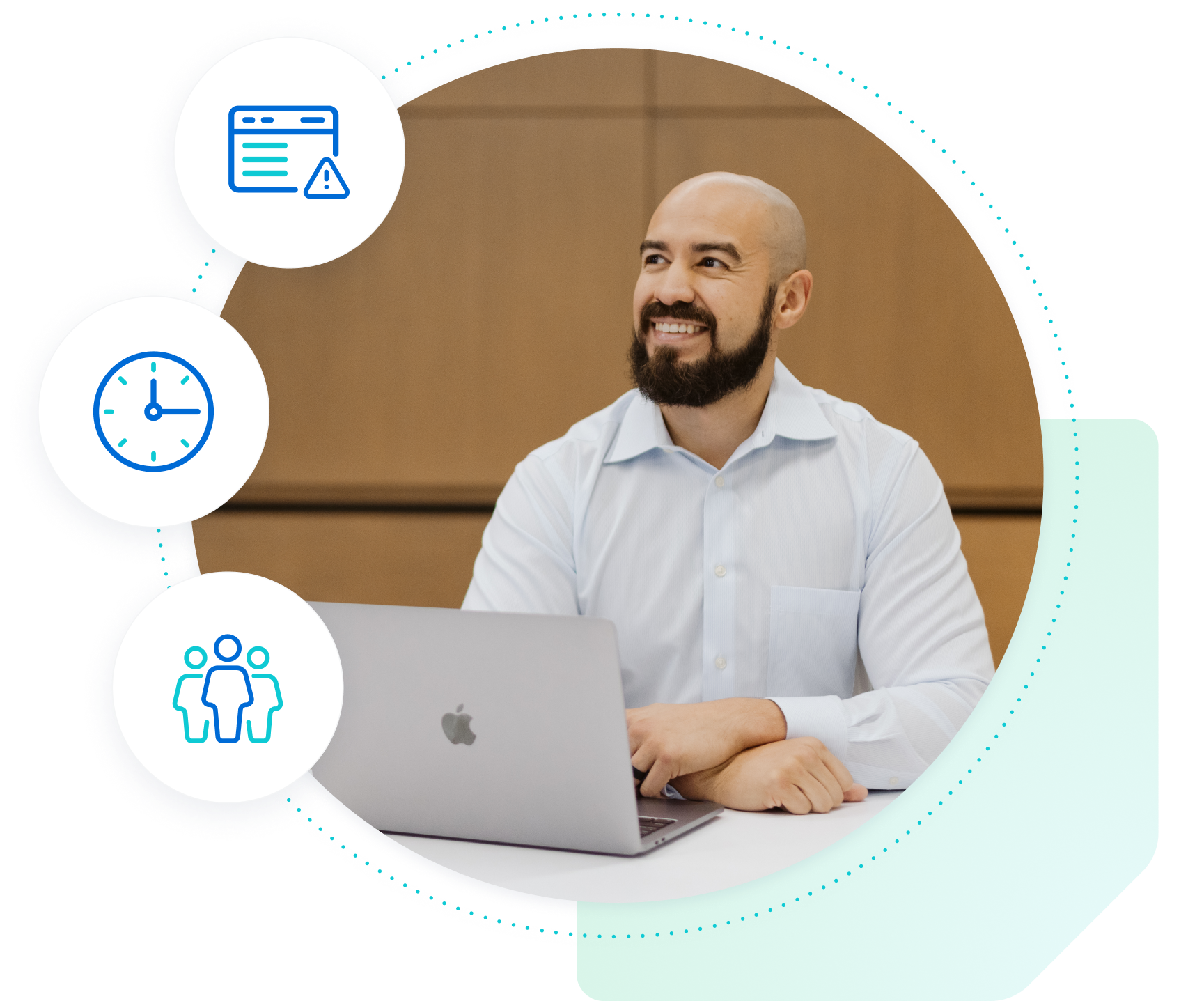 WP Engine customer with his hands folded at a table with a laptop, looking up and smiling with icons representing WP Engine's security features overlapping.