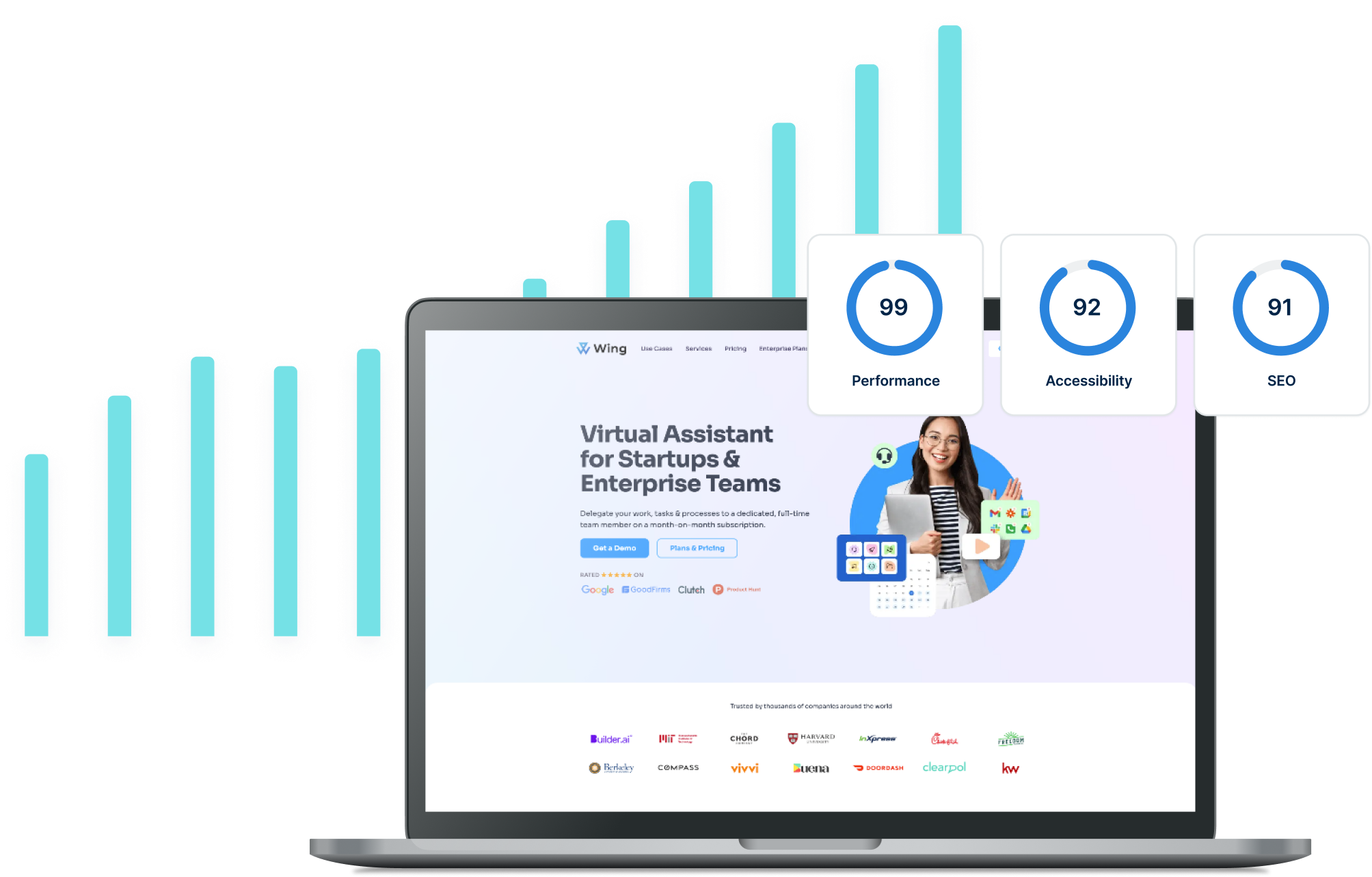 WP Engine customer website displayed on a laptop with an upward bar graph behind it and an overlaying UI element showing lighthouse scores