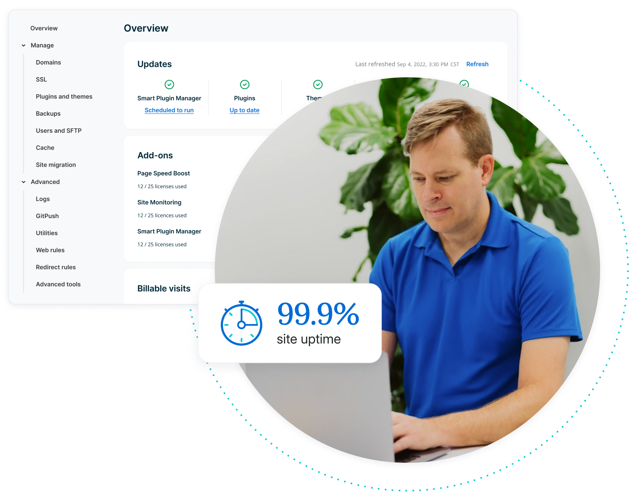 Overview page with a photo of a male WP Engine customer wearing a blue shirt typing on a laptop with graphic overlay showing 99.9% site uptime