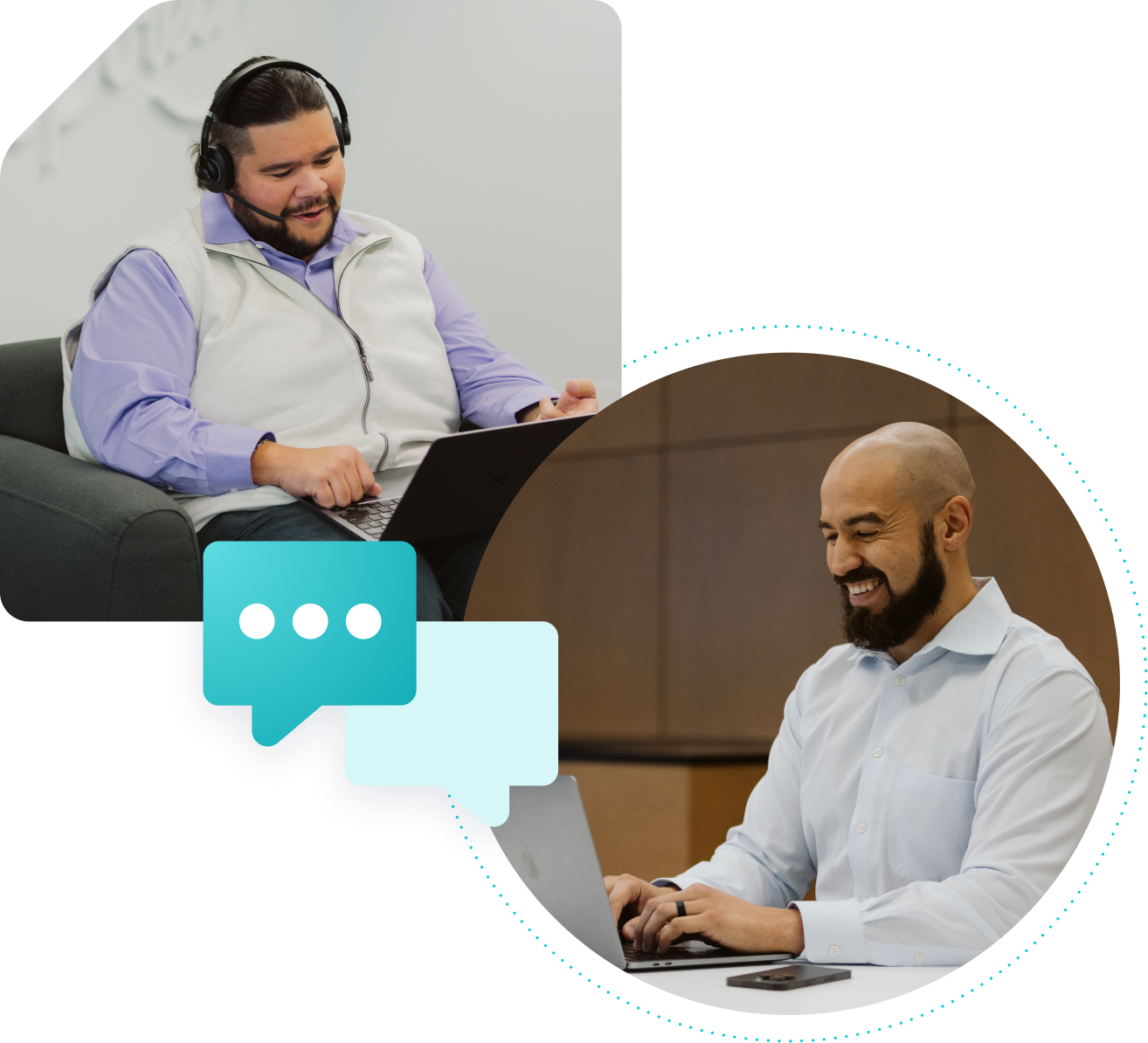 A WP Engine support representative with a man smiling at his laptop with a large chat icon connecting them.