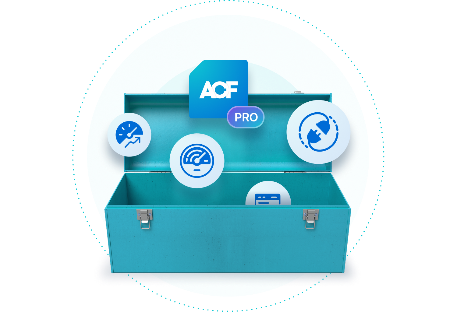 Teal toolbox with icons representing WP Engine's tools and plugins hovering over and inside the box