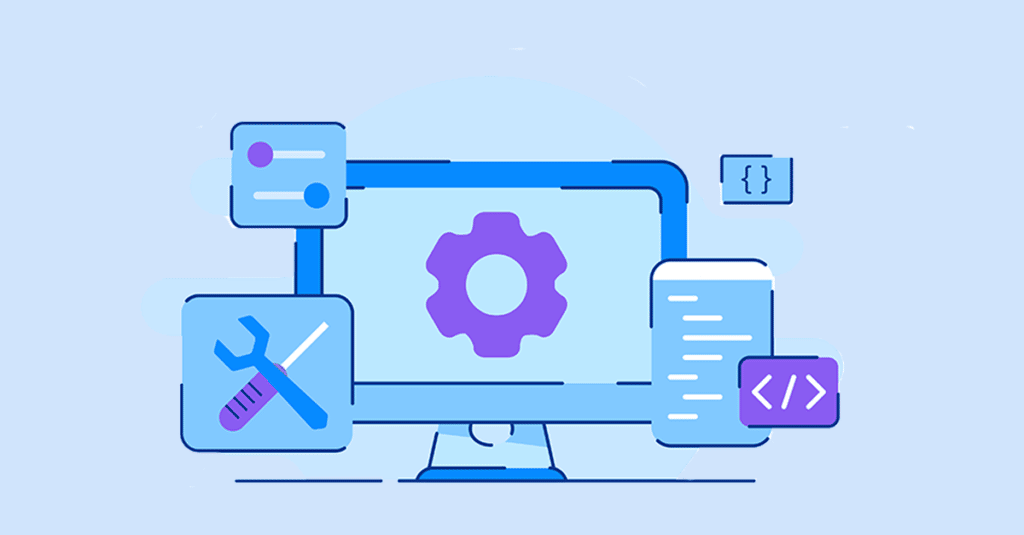 Computer screen with configuration management icons surrounding it