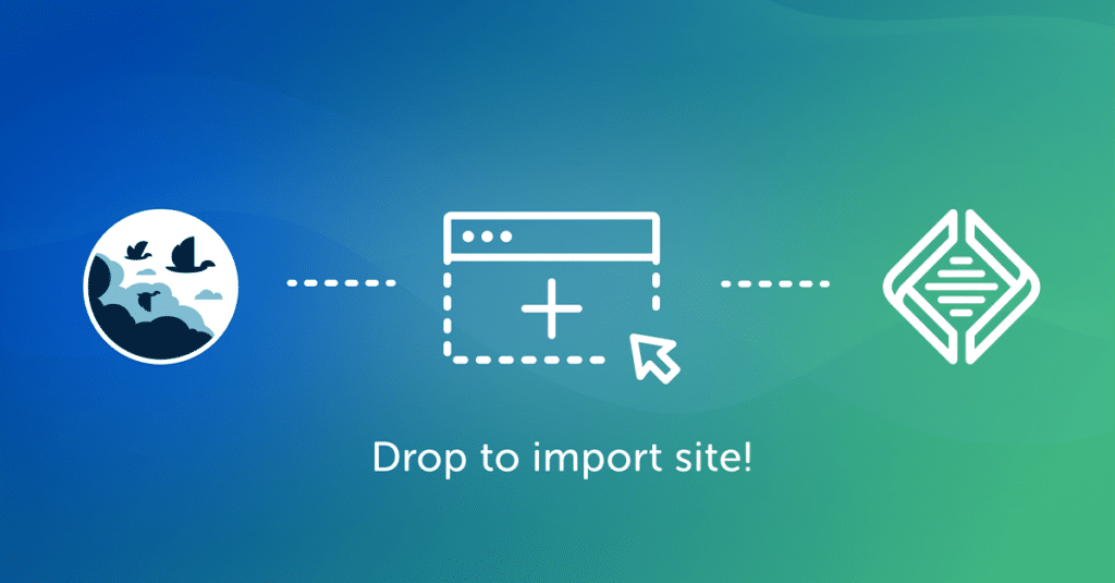 background colors fade from blue to green. the WP Migrate logo and the Local logo are connected by a white-outlined icon above text that reads Drop to import site!