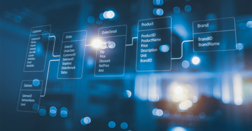 Relational database tables with server room and datacenter background